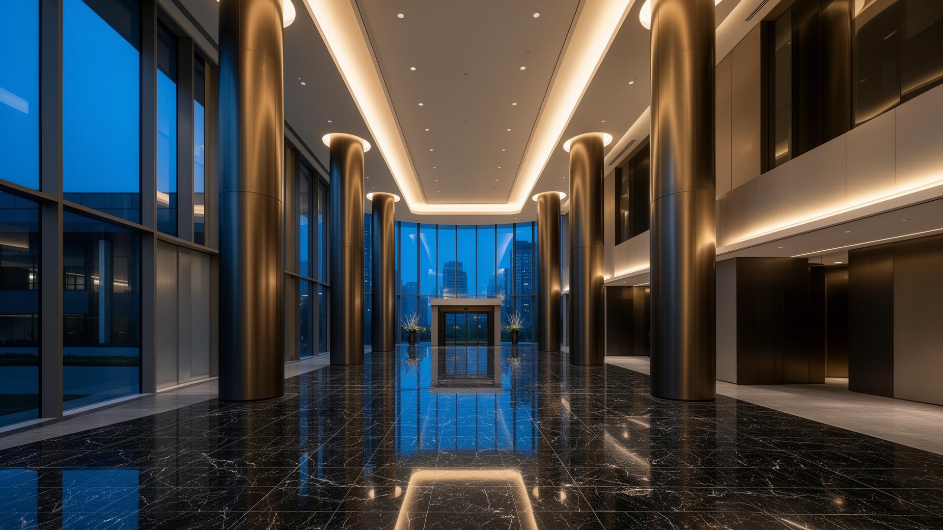 Modern corporate headquarters lobby at blue hour