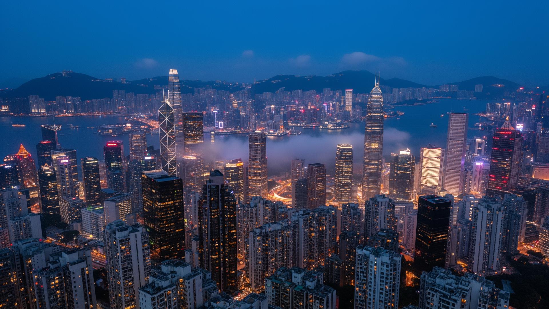 Global financial district skyline at dusk